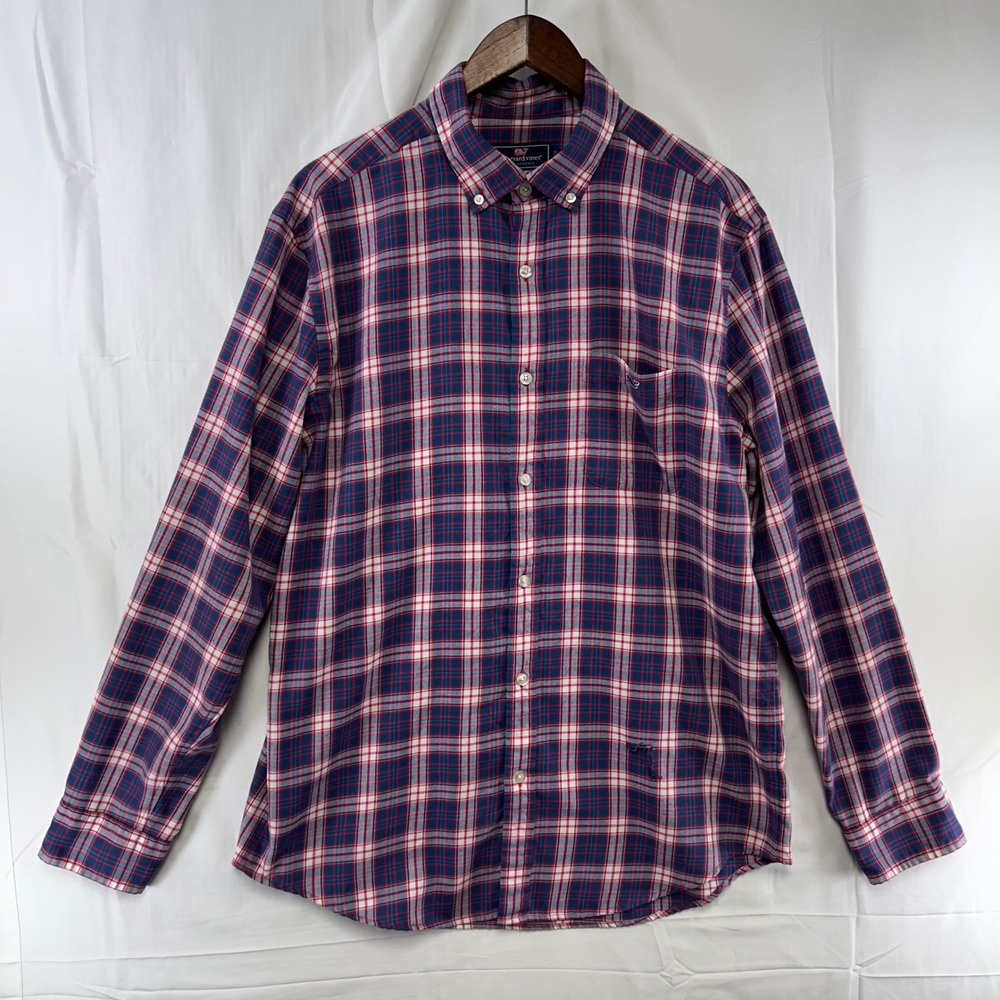 Vineyard Vines Button Down Shirt Mens Large Blue Red Plaid Performance Tucker *
